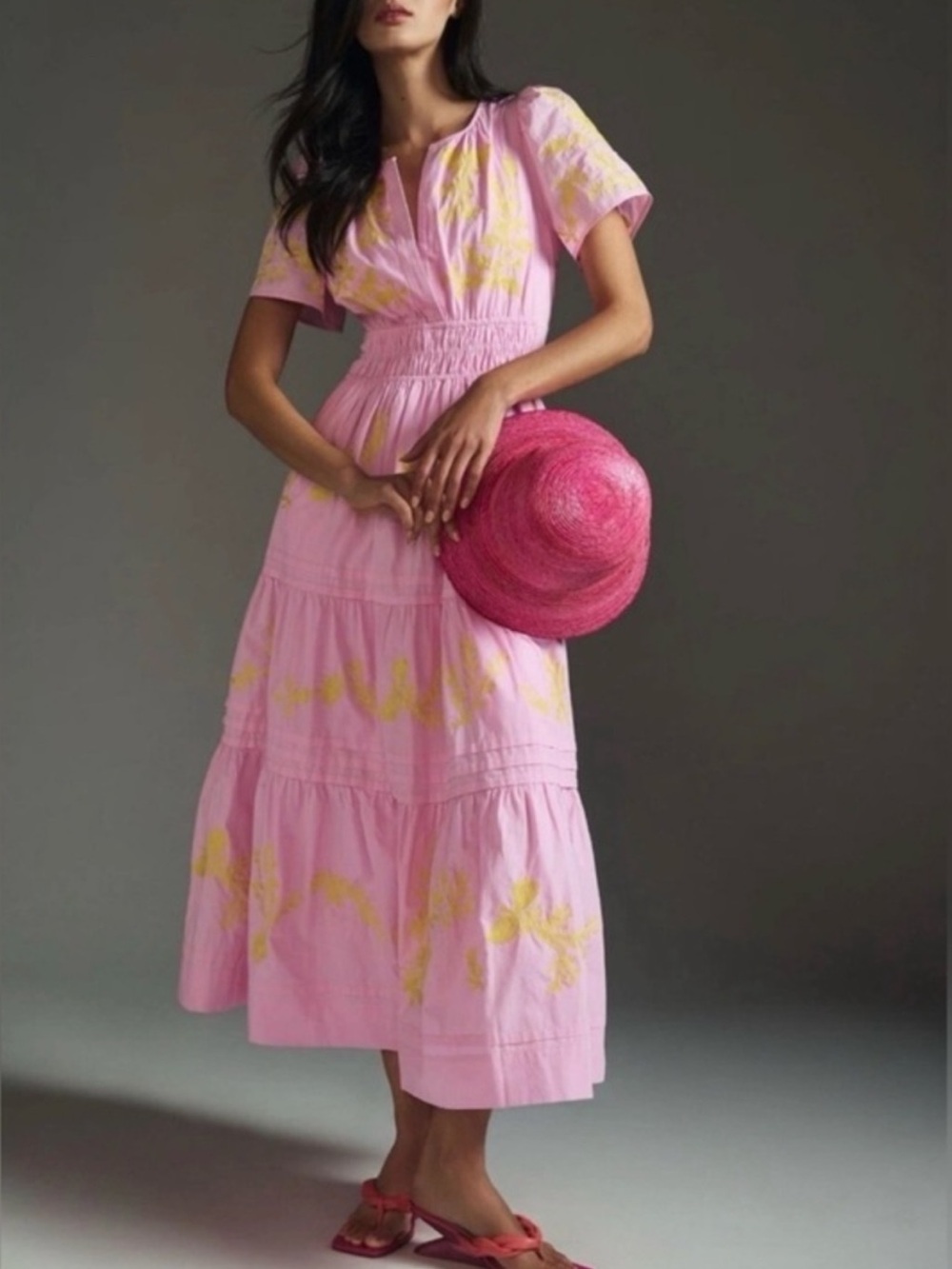 Anthropologie Somerset Tiered Maxi Dress Large Pink Yellow Cotton Embroidery